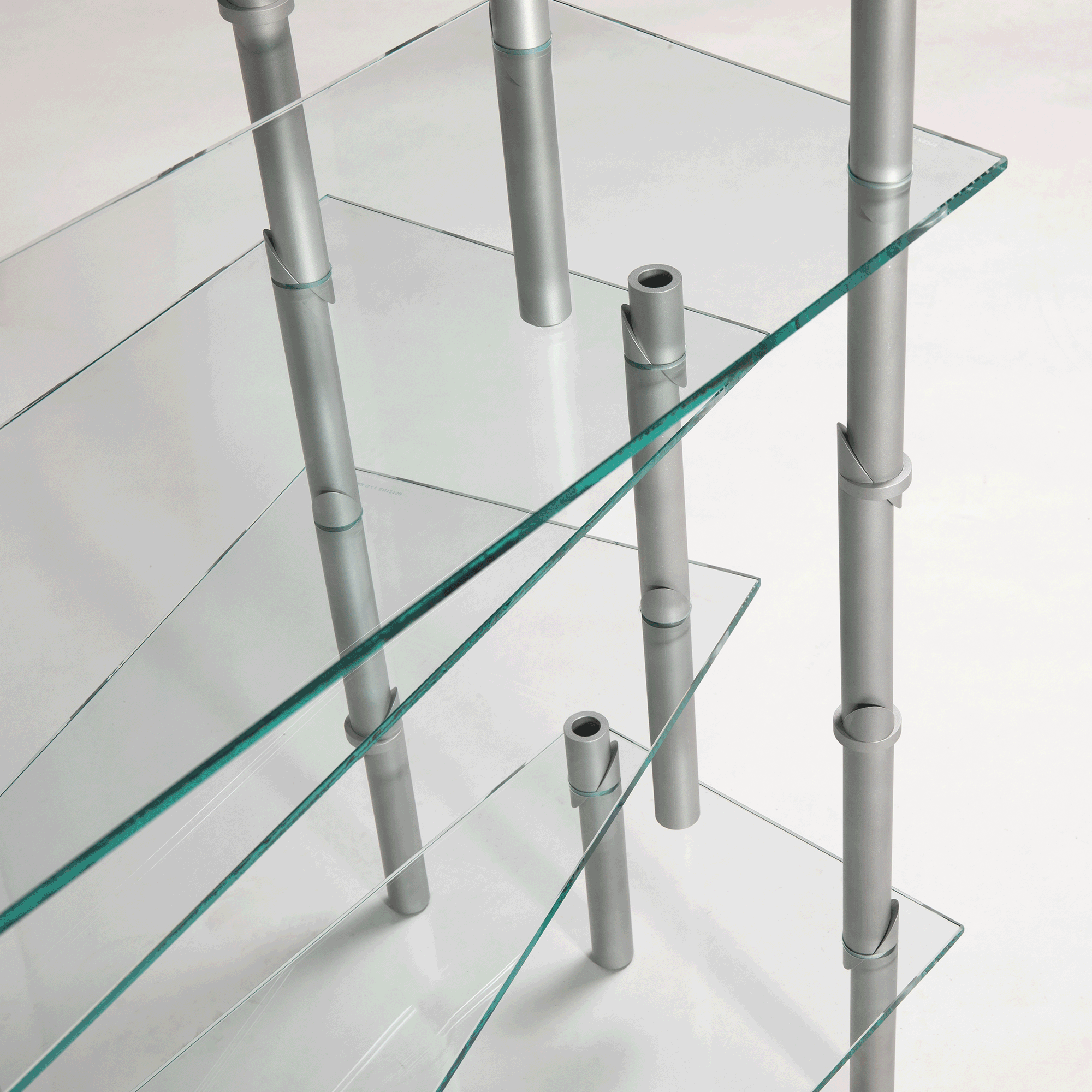 Modular shelving system: aluminium tubing and tempered glass; 2026