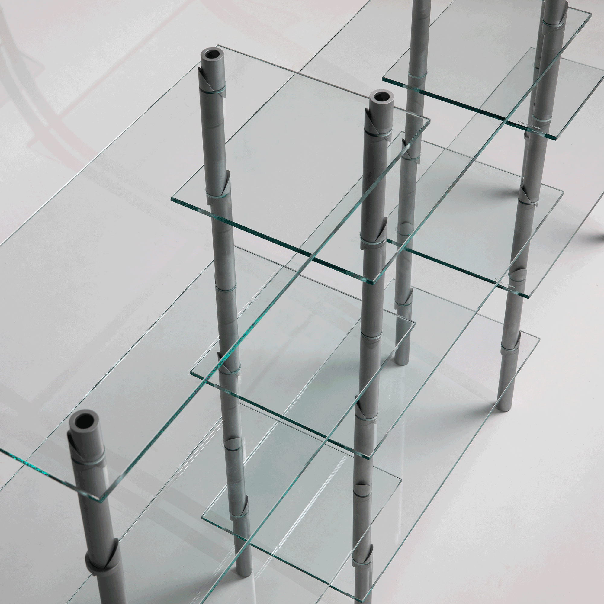 Modular shelving system: aluminium tubing and tempered glass; 2026