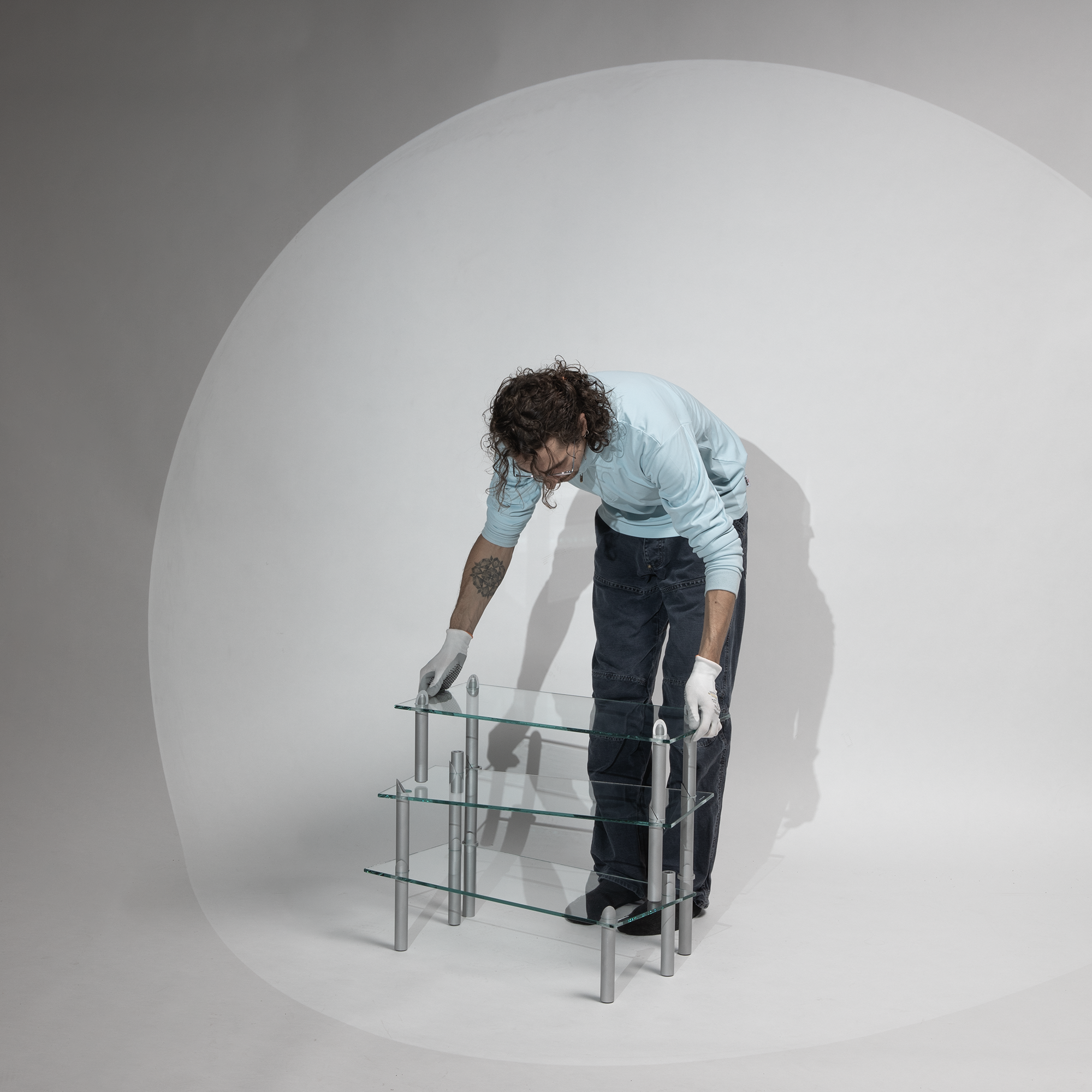 Modular shelving system: aluminium tubing and tempered glass; 2026
