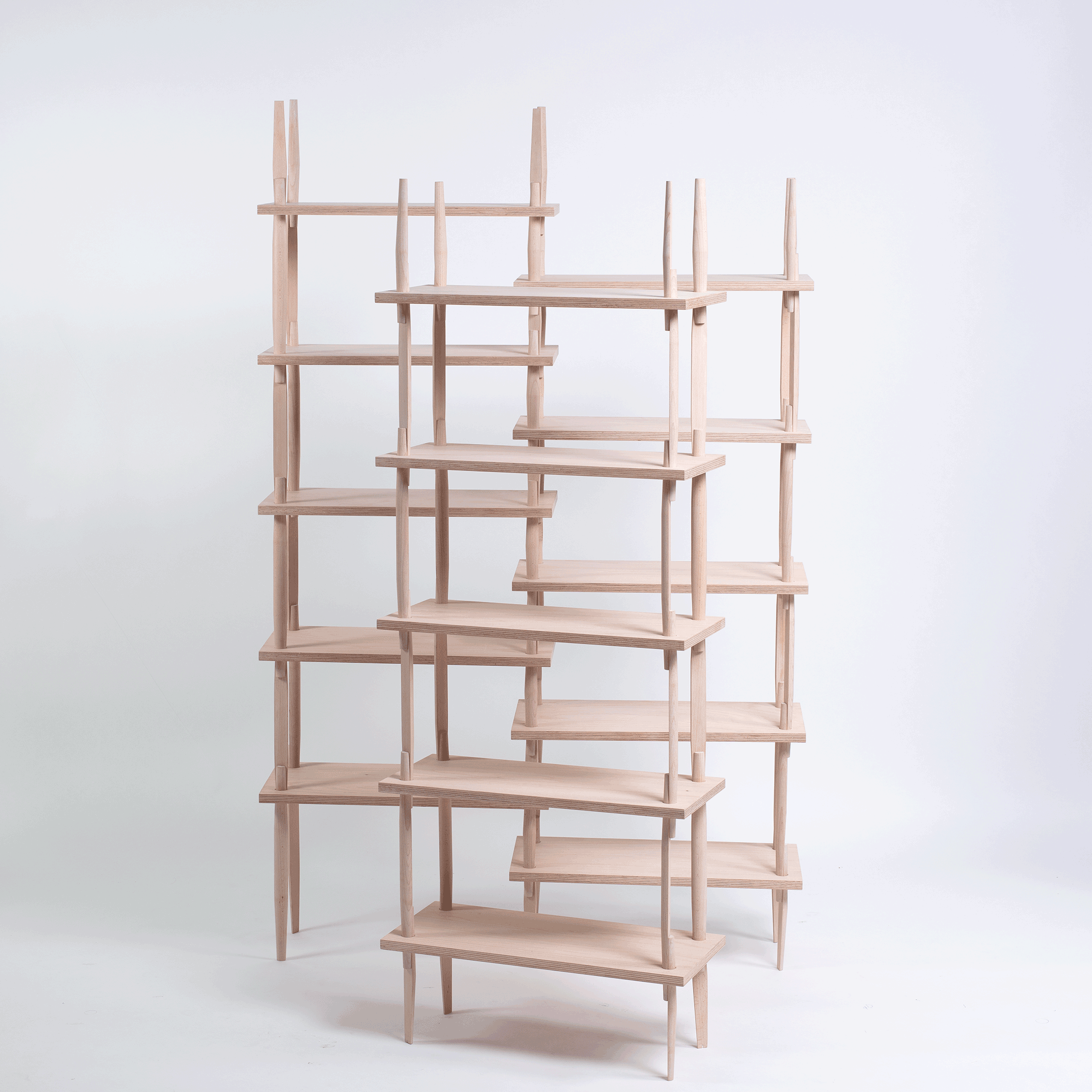 Modular shelving system: beech wood; 2023