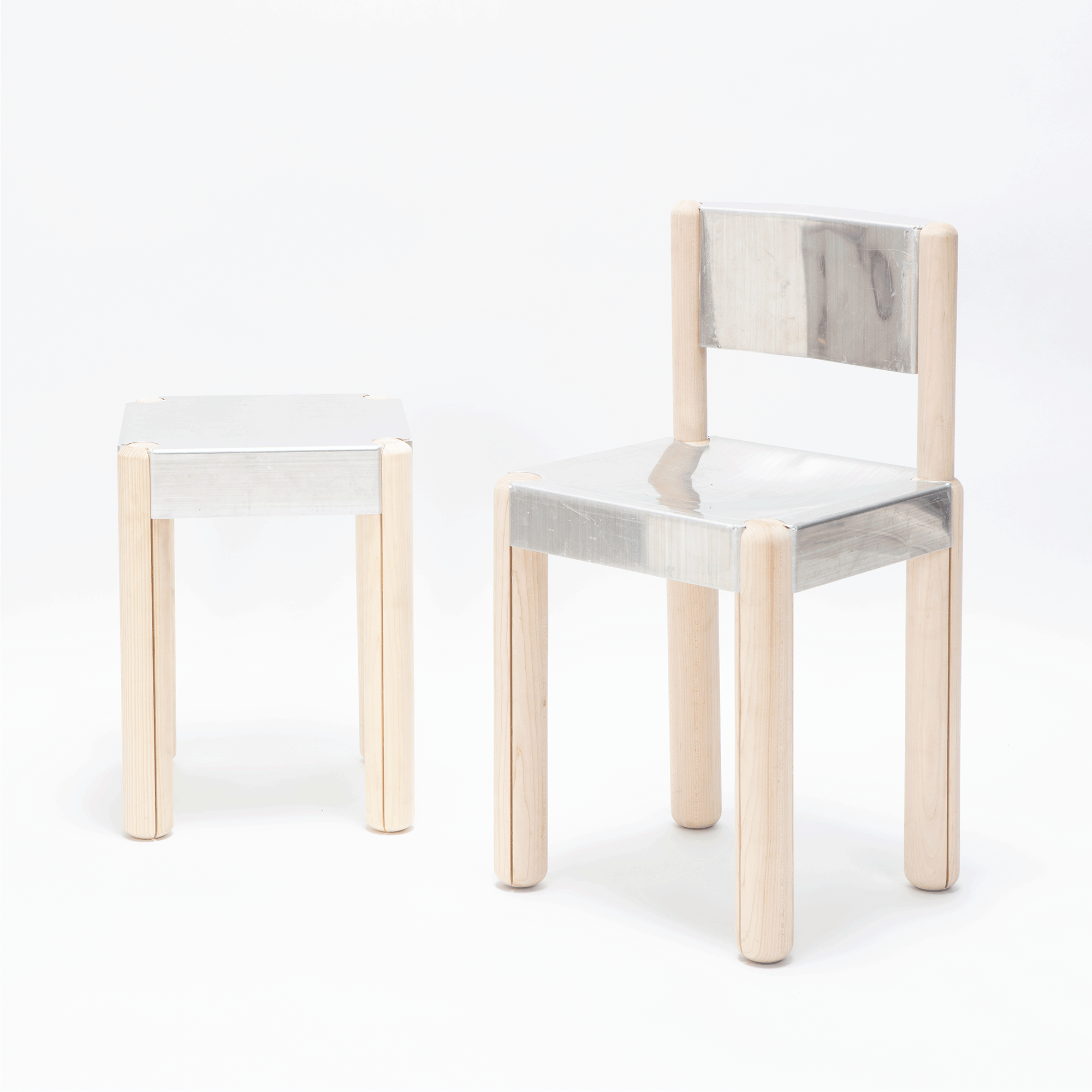 Stool: aluminium sheet and pine wood; 2024.              Chair: aluminium sheet and maple wood; 2024